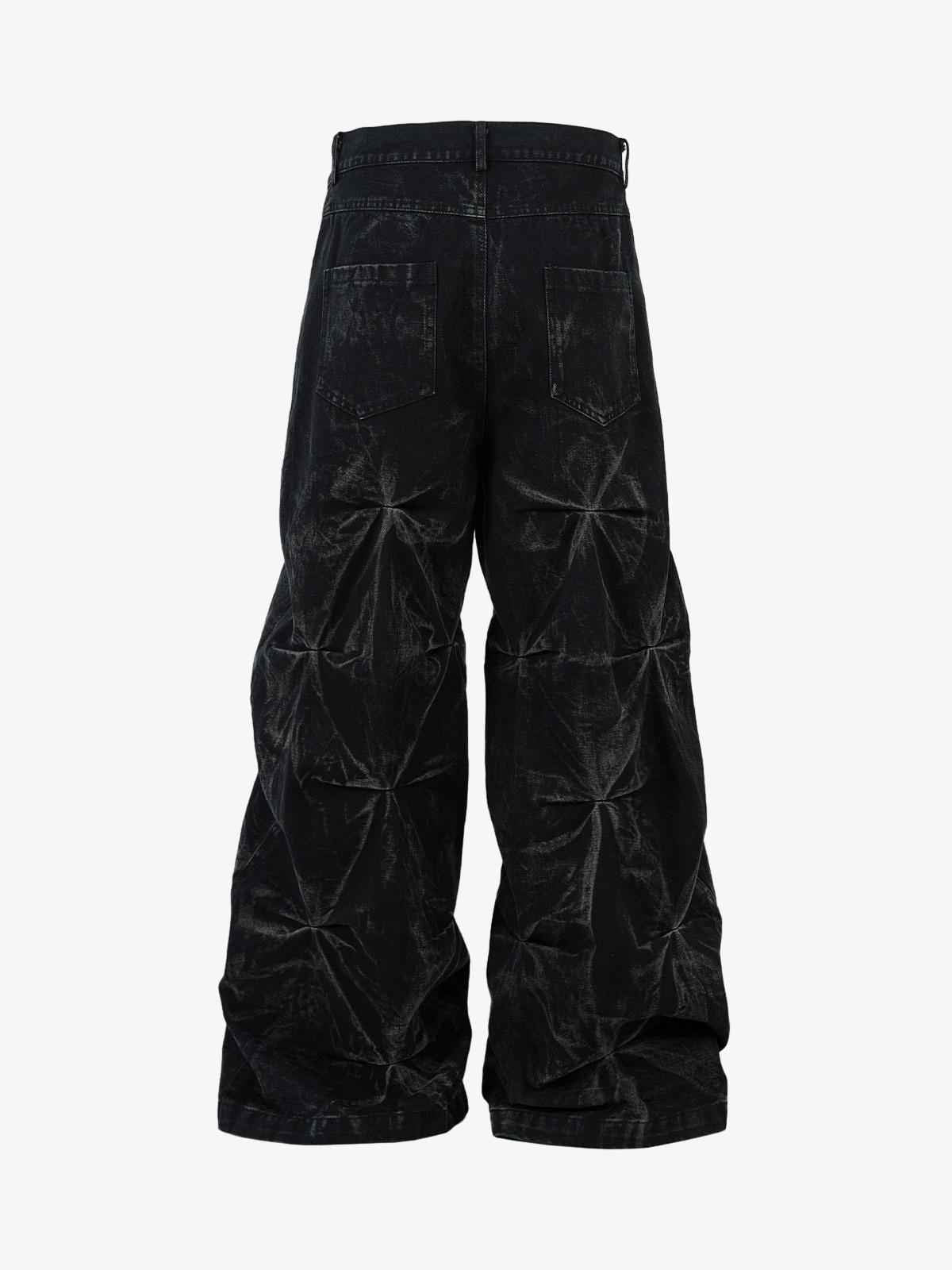 Denim Heavy Washed Distressed Pleated Baggy Jeans - 2282
