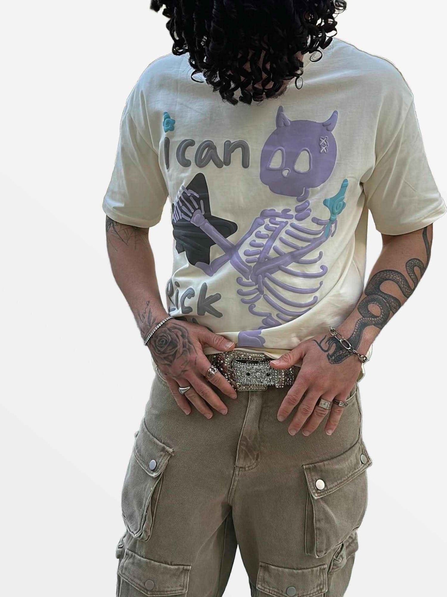 Close-up shot of the high-density skull and star print on heavyweight cotton