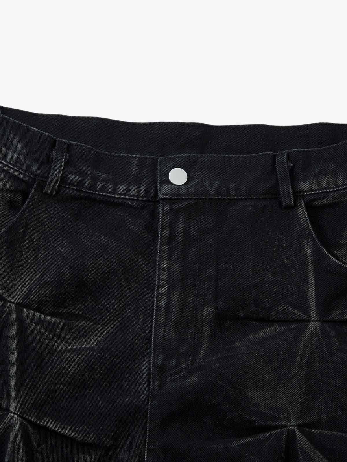 Denim Heavy Washed Distressed Pleated Baggy Jeans - 2282
