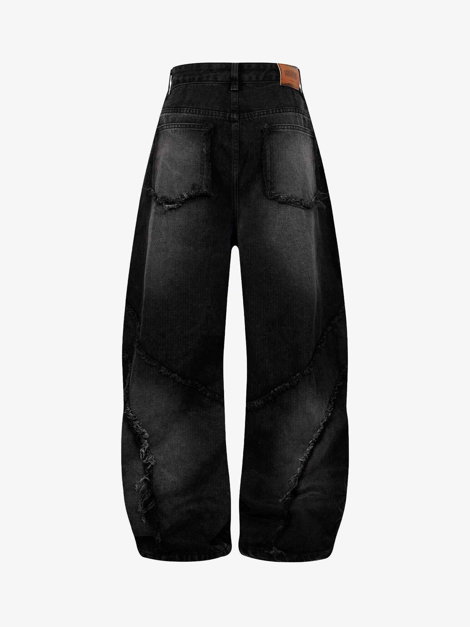 Washed Distressed Raw Edge Barrel Jeans - 2402