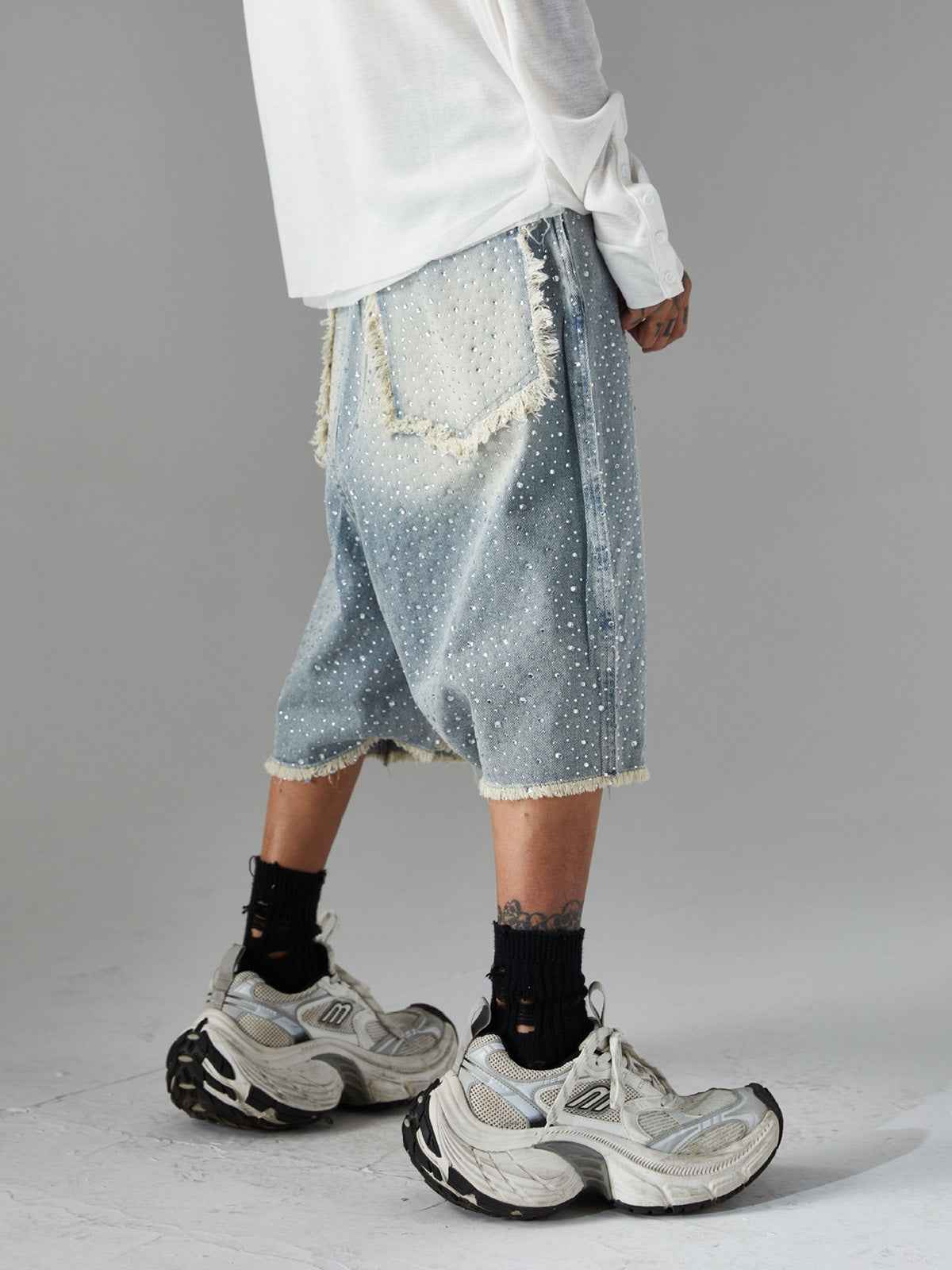 Distressed Rhinestone Denim Jorts - 2454