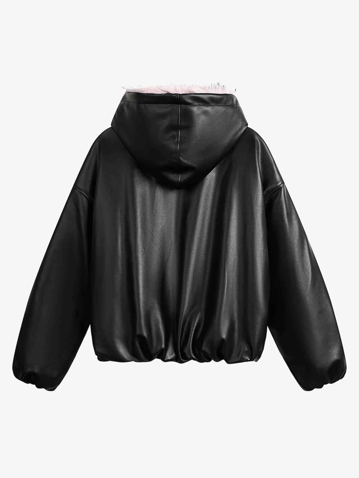 Leather Pink Fur Hooded Quilted Jacket - 2535