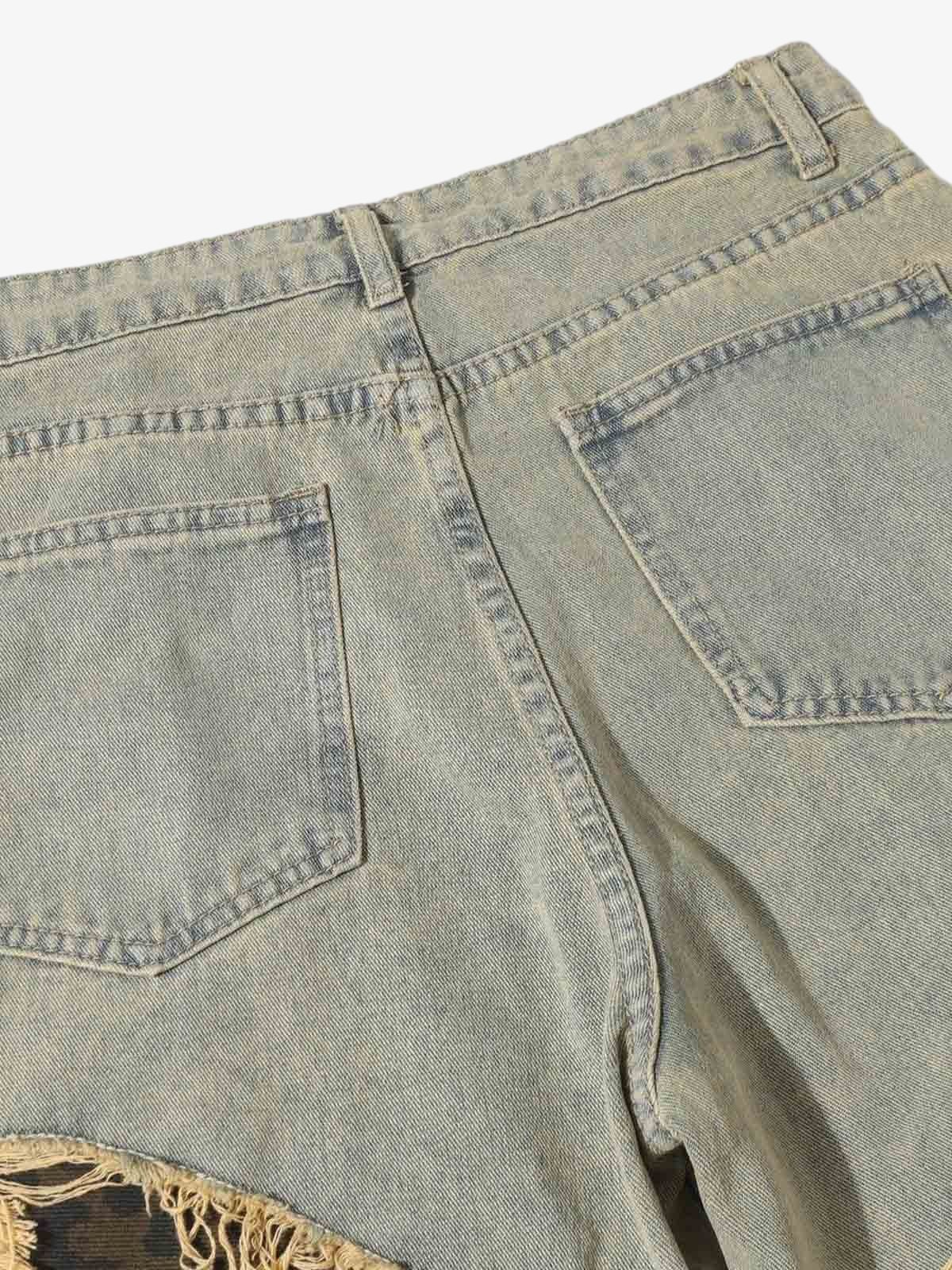 Distressed Raw Edge Patch Jeans - Luxuryurbanwear