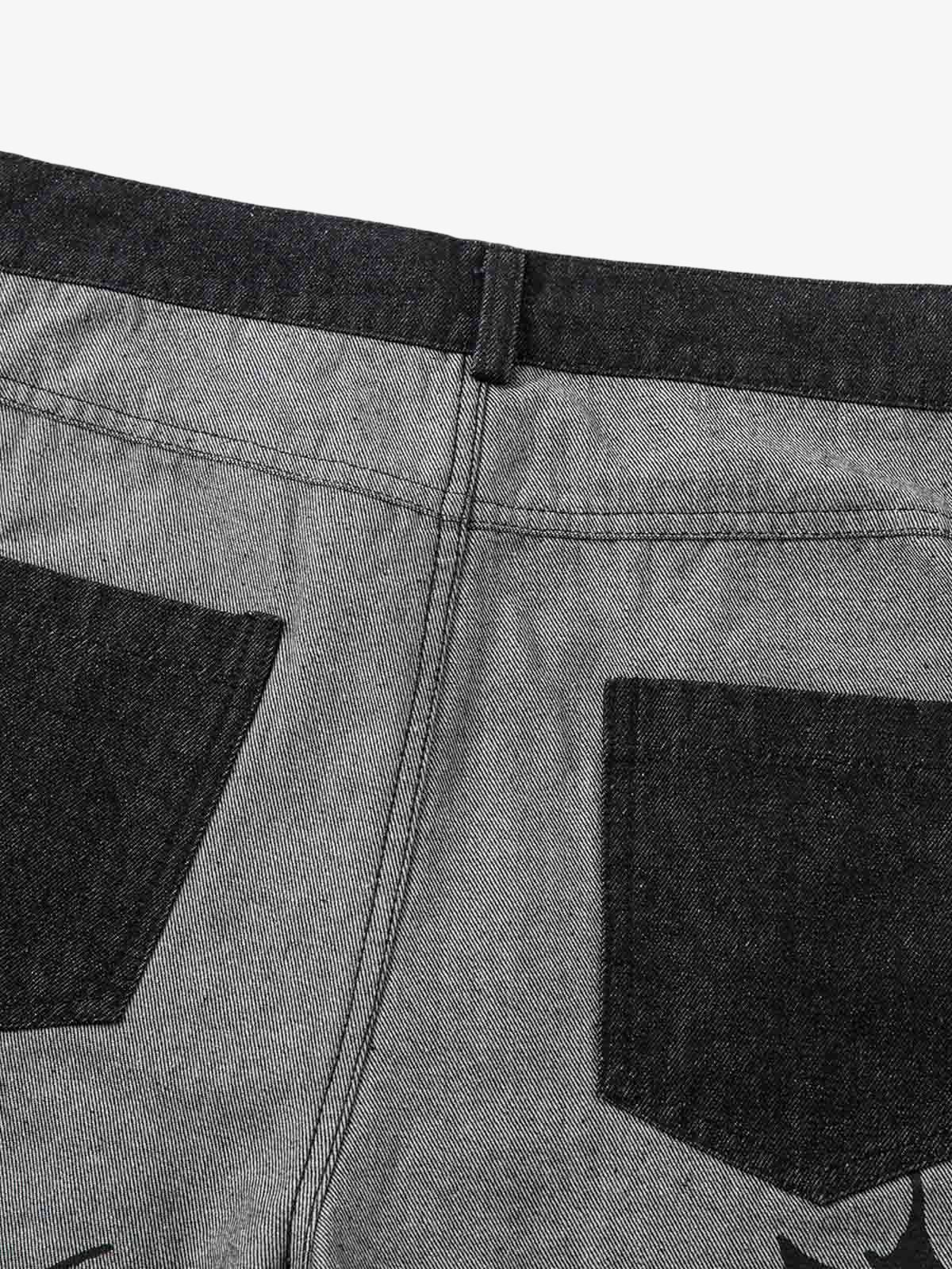Tribal Flame Print Baggy Jeans - Luxury Wide-Leg Distressed Streetwear Denim