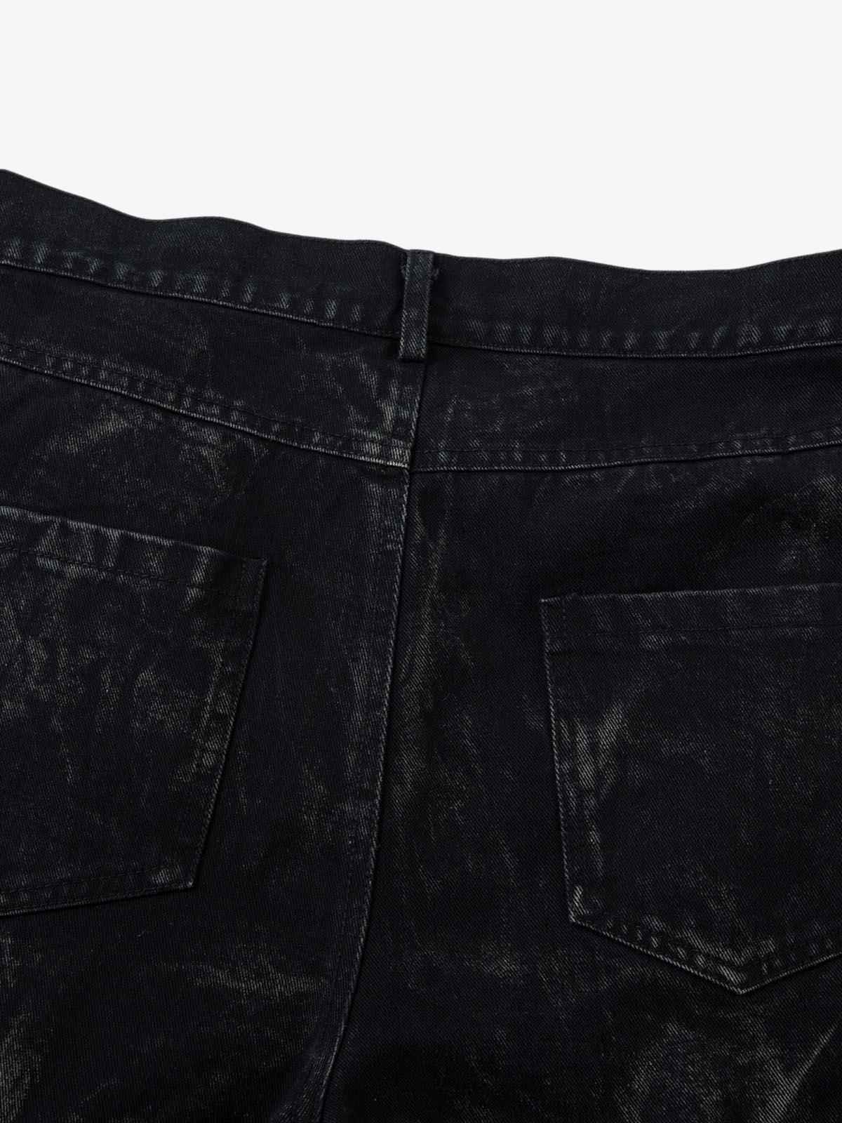 Denim Heavy Washed Distressed Pleated Baggy Jeans - 2282