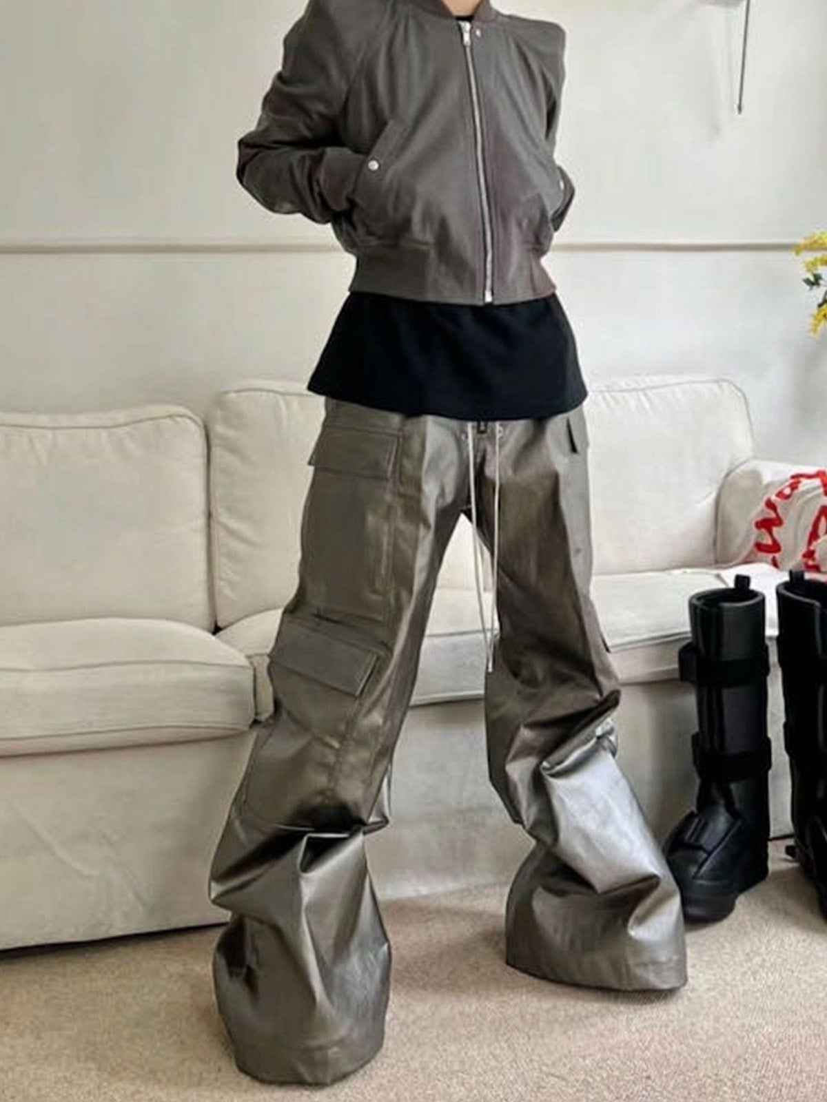 RO Style Matte Coated Leather Baggy Trousers - 2339