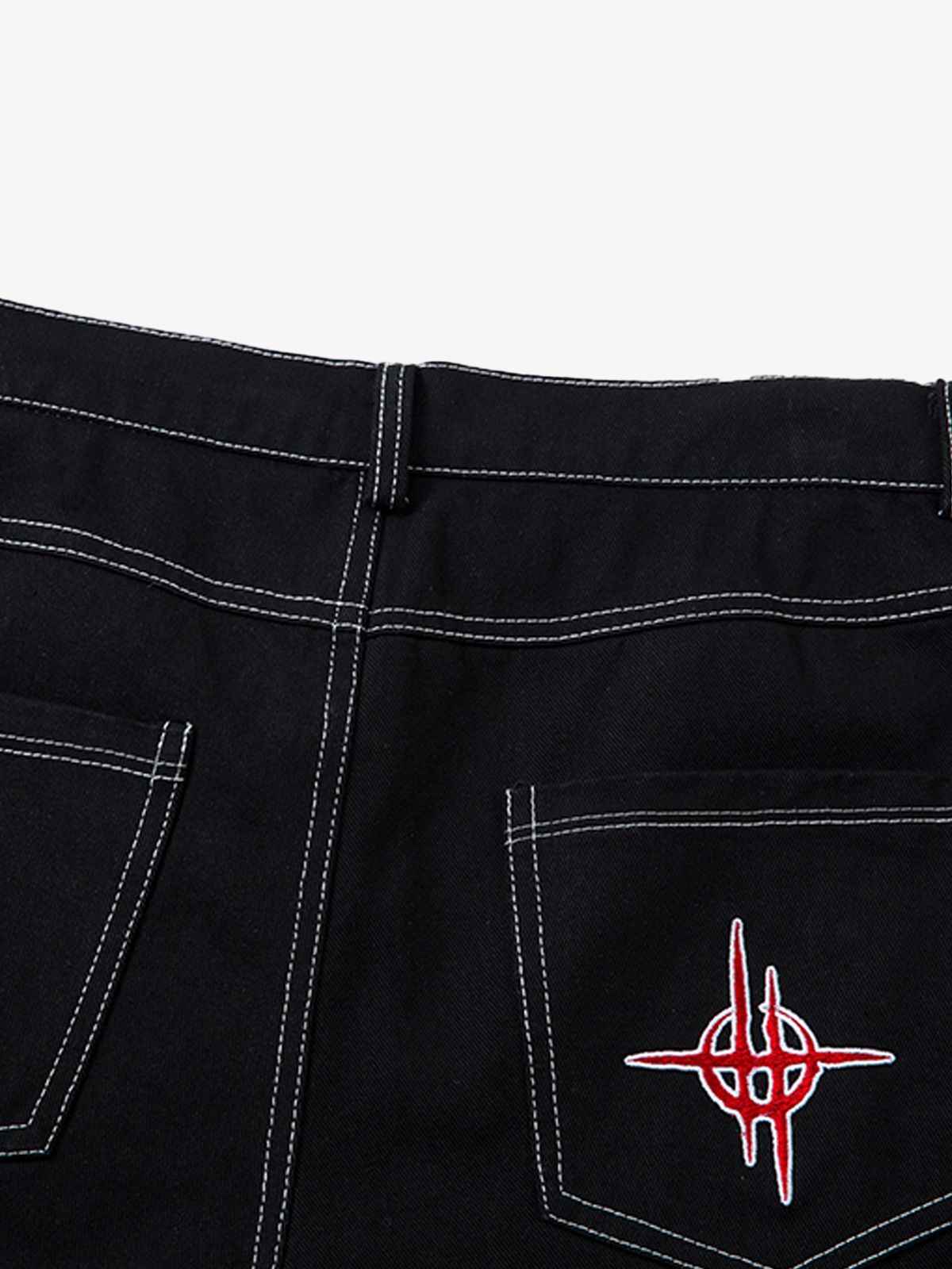 Contrast Flame Embroidered Baggy Jeans - 2364