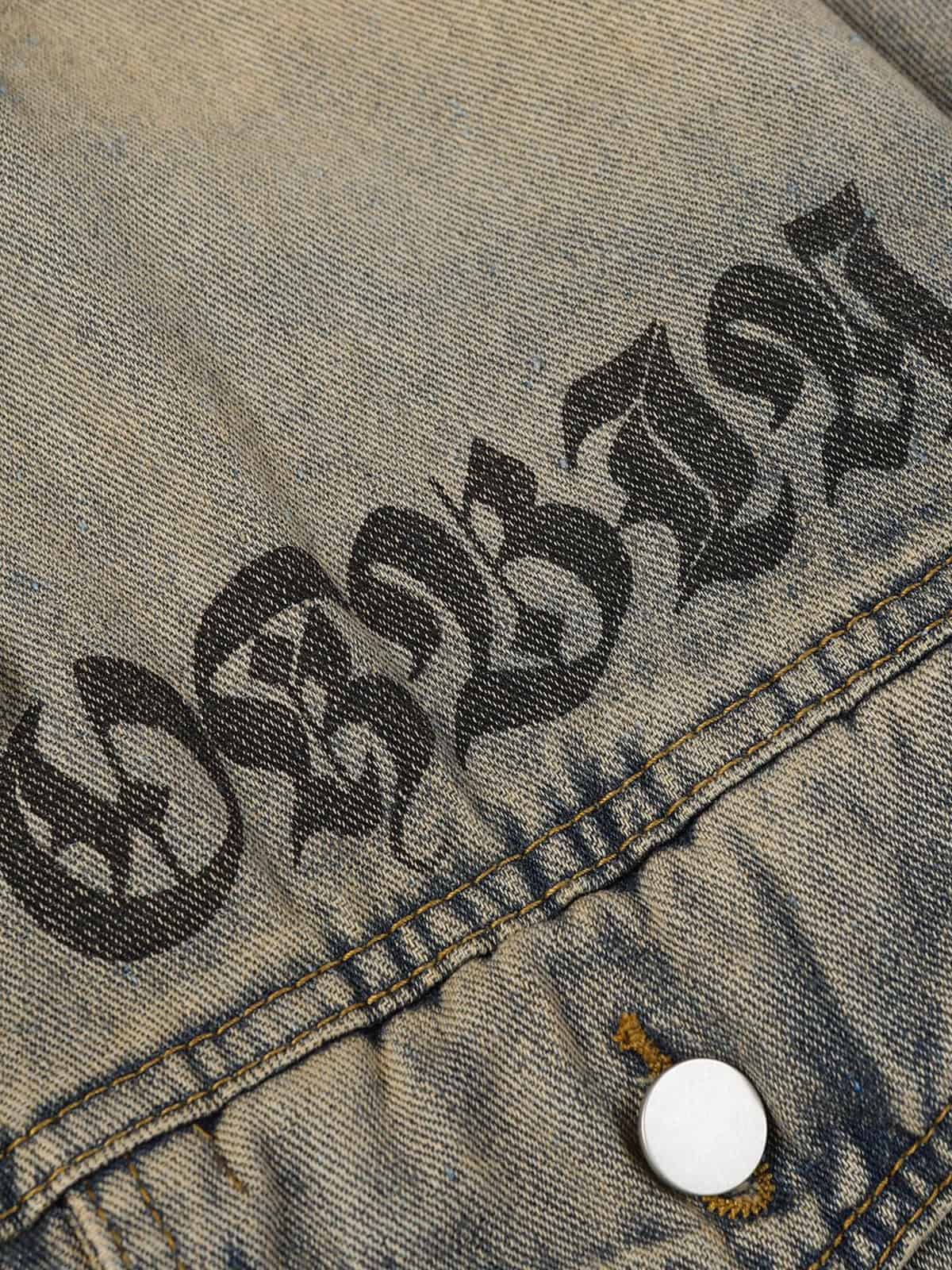 Washed Vintage Denim Jacket - Oversized Letter Print Distressed Trucker