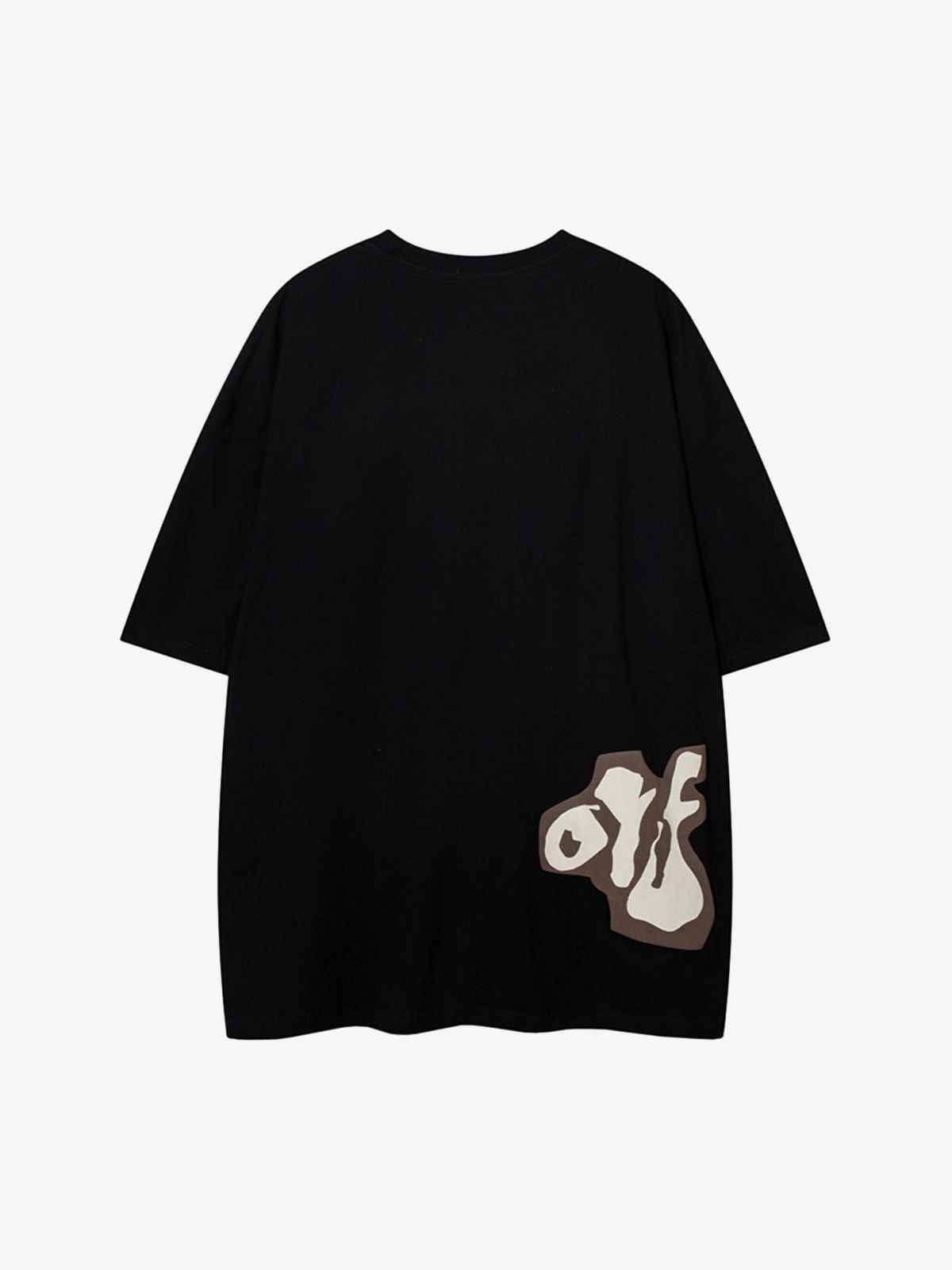 Front view of model wearing unisex oversized t-shirt with pixel art cartoon character