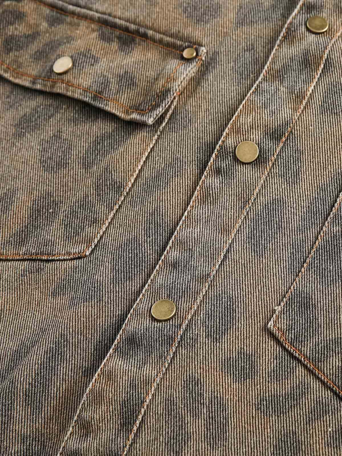 Vintage Distressed Cheetah Print Denim Shirt - Luxuryurbanwear