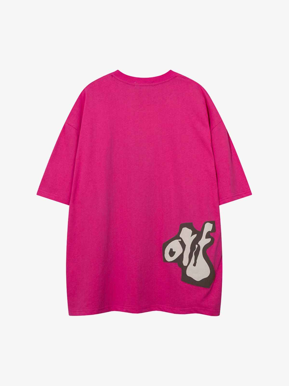 Front view of model wearing unisex oversized t-shirt with pixel art cartoon character