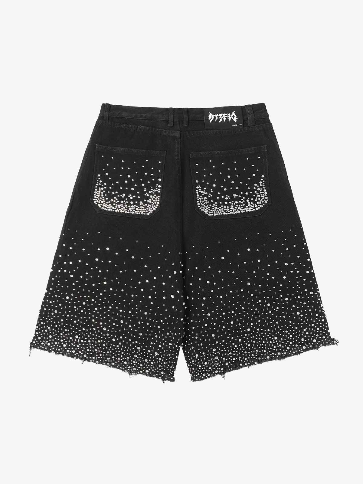Retro Washed Rhinestone Raw Edge Denim Shorts - 2419