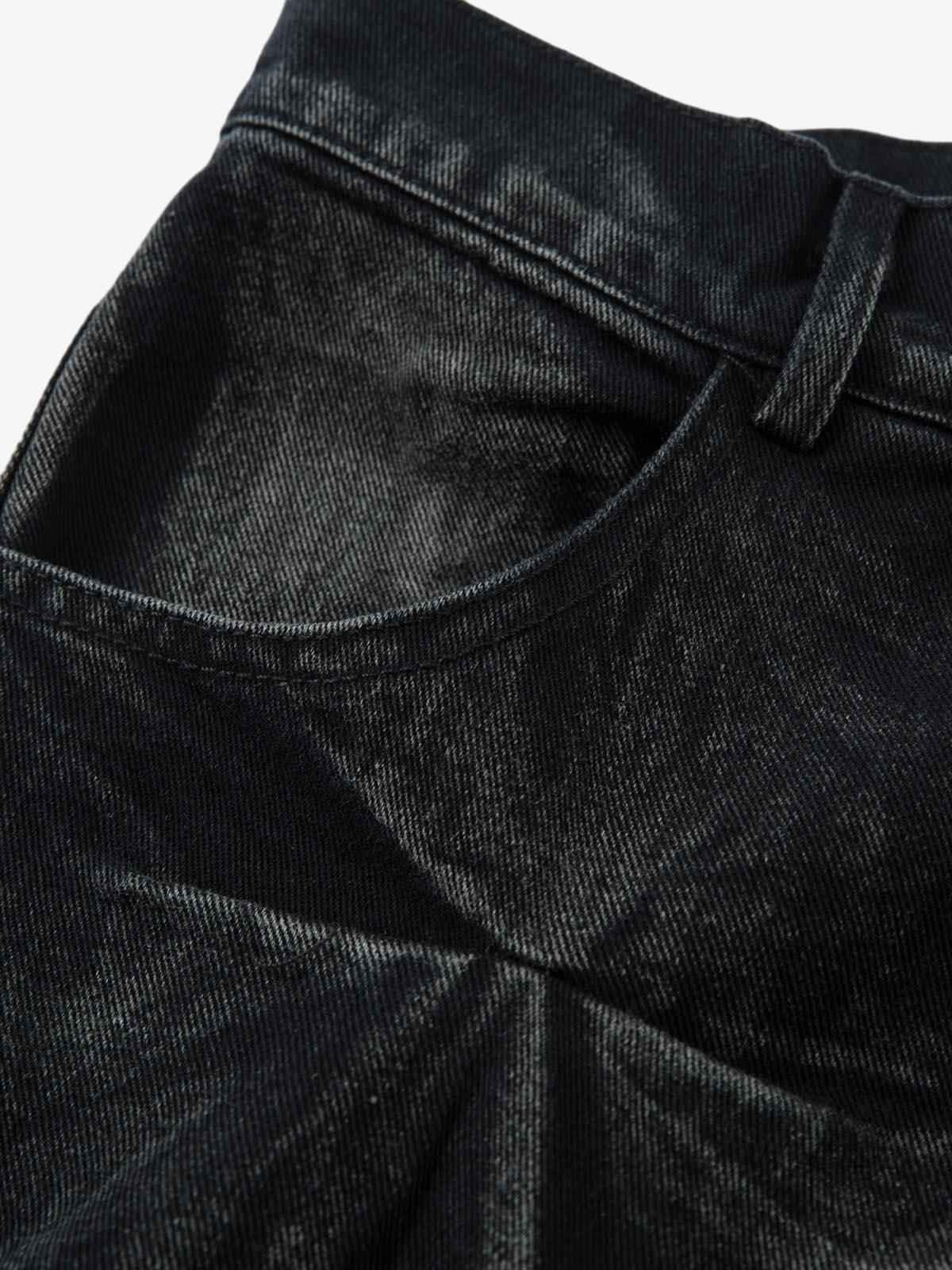 Denim Heavy Washed Distressed Pleated Baggy Jeans - 2282