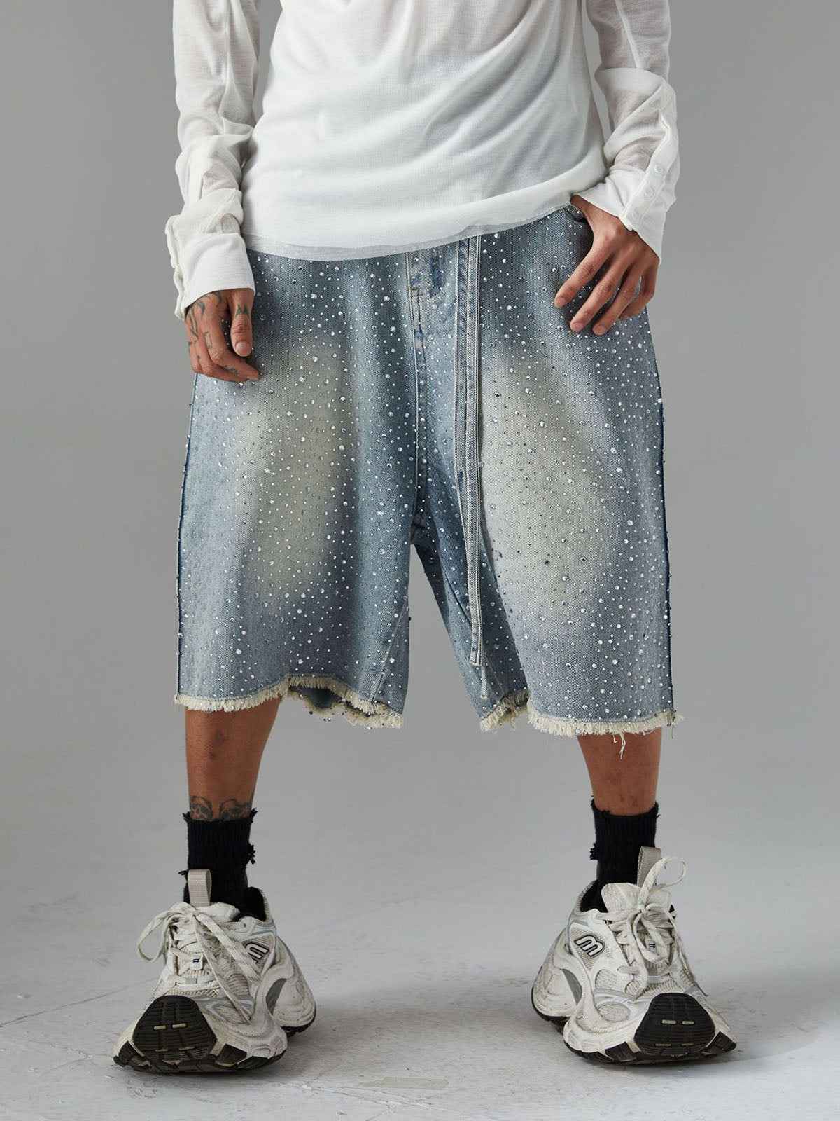 Distressed Rhinestone Denim Jorts - 2454