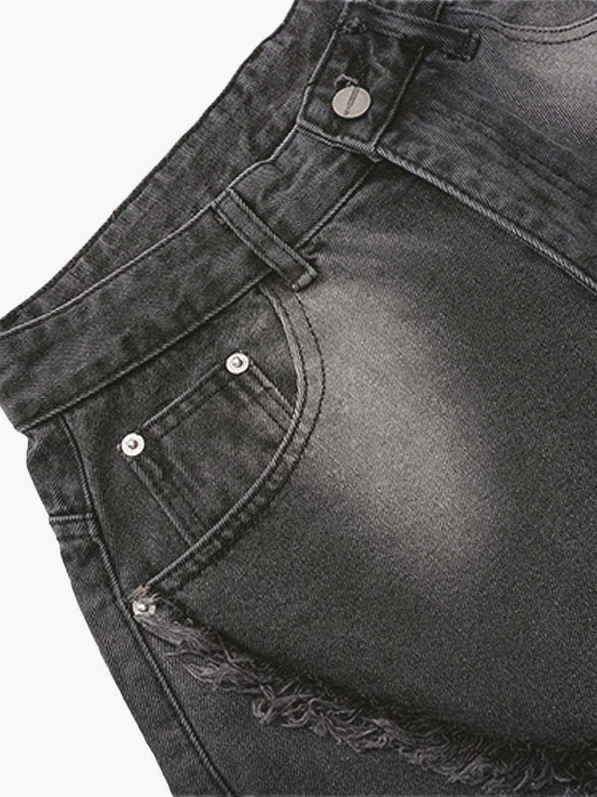 Washed Distressed Raw Edge Barrel Jeans - 2402