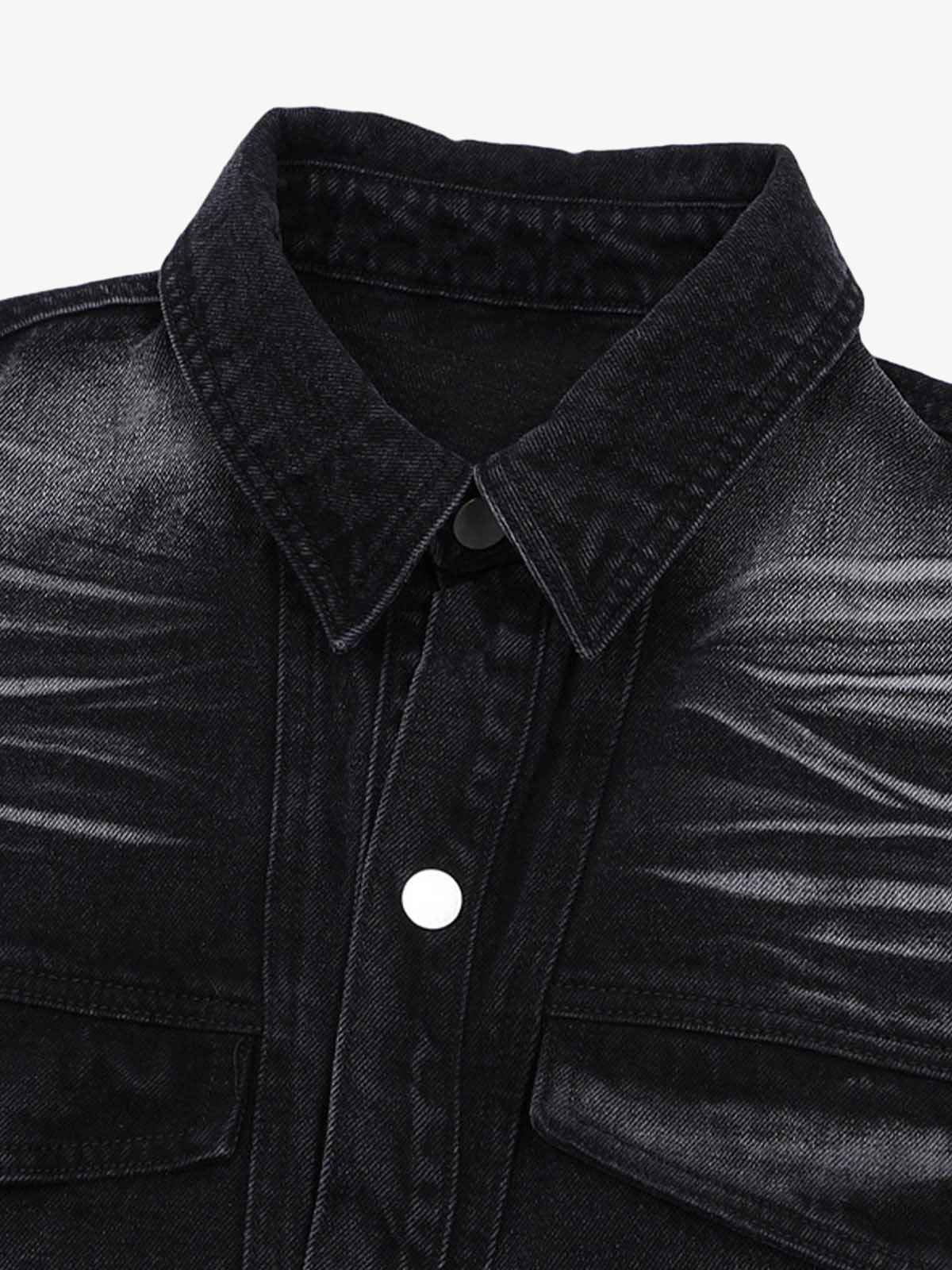 Distressed Washed Workwear Denim Shirt And Jorts Set