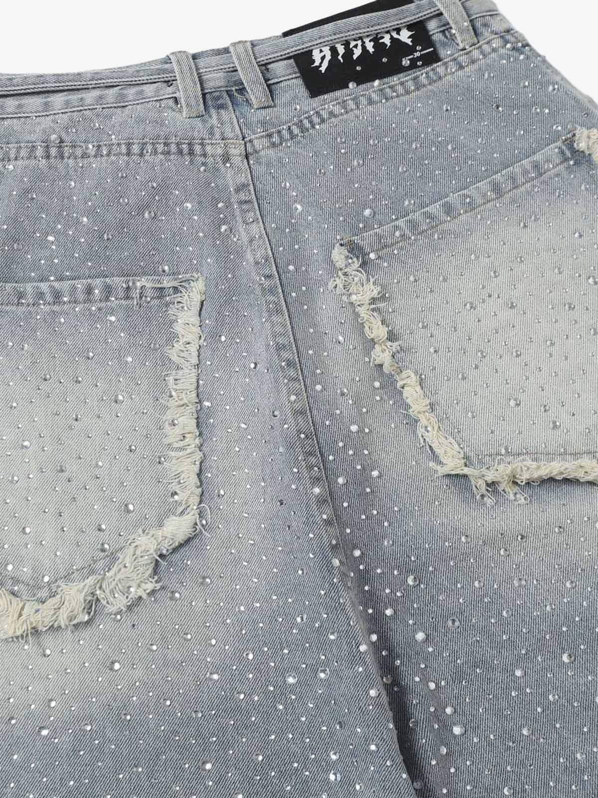 Distressed Rhinestone Denim Jorts - 2454 - Luxuryurbanwear