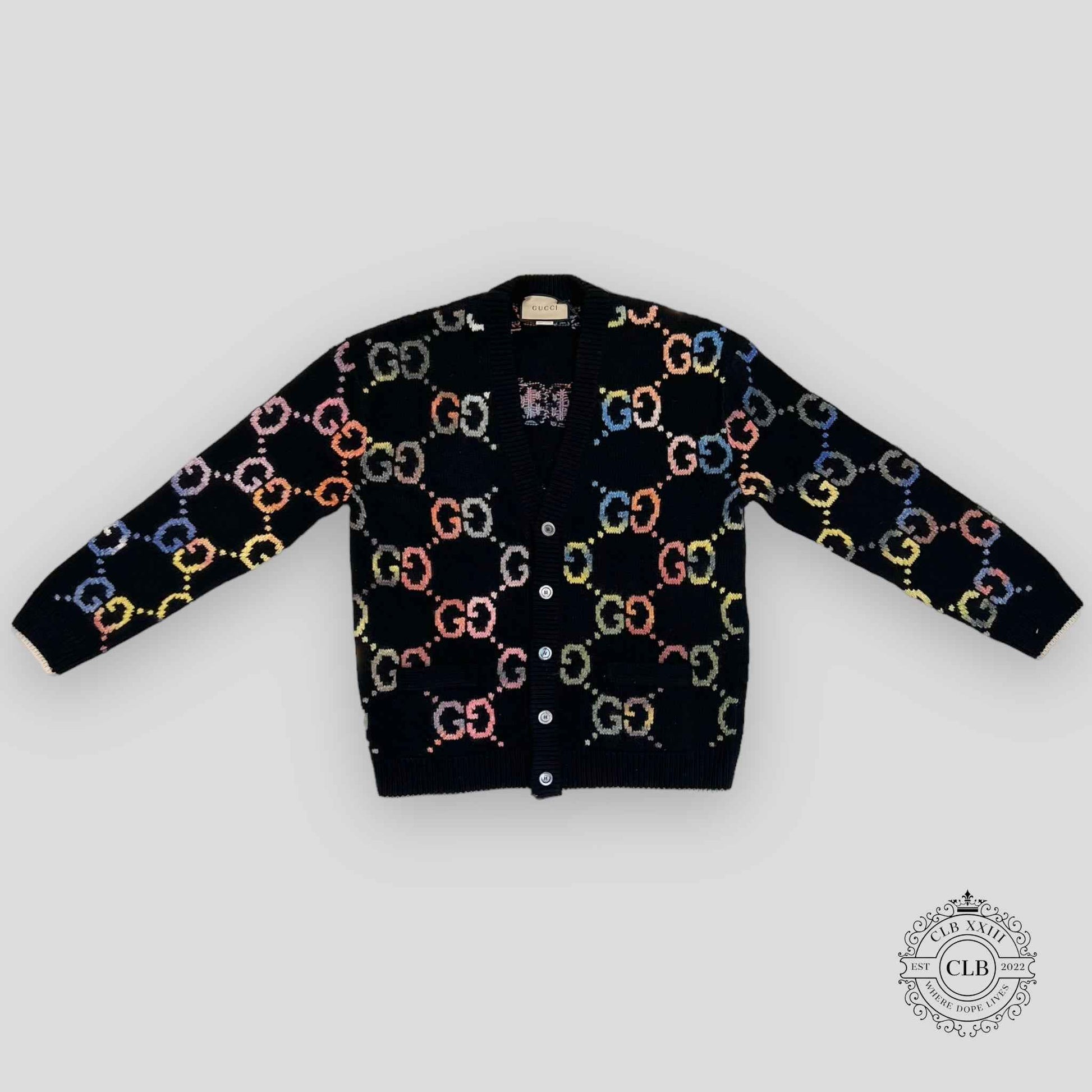 GUCCI GG MOTIF KNIT CARDIGAN - BLACK/MULTICOLOR