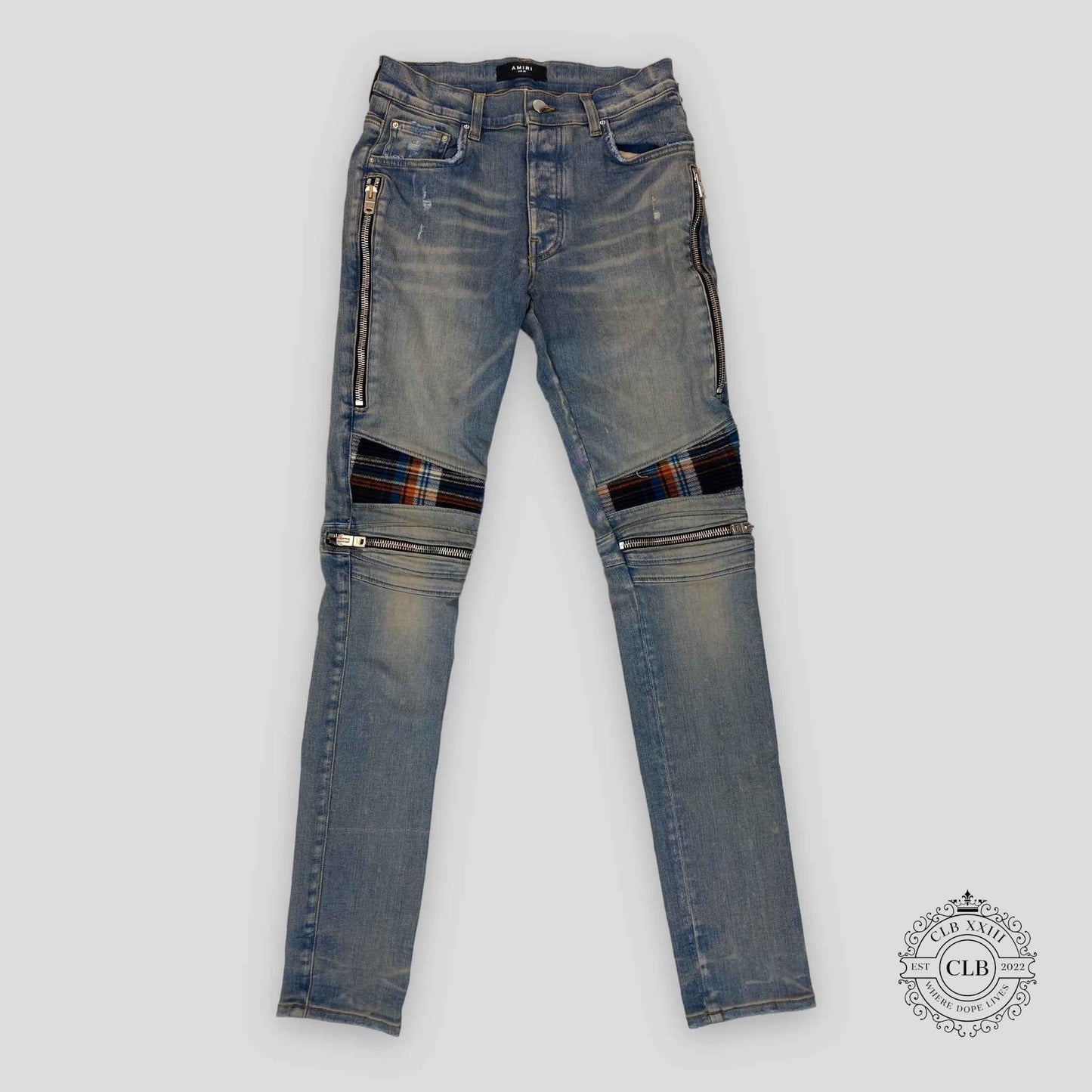 AMIRI MX2 PLAID JEANS - CLAY INDIGO/ORANGE