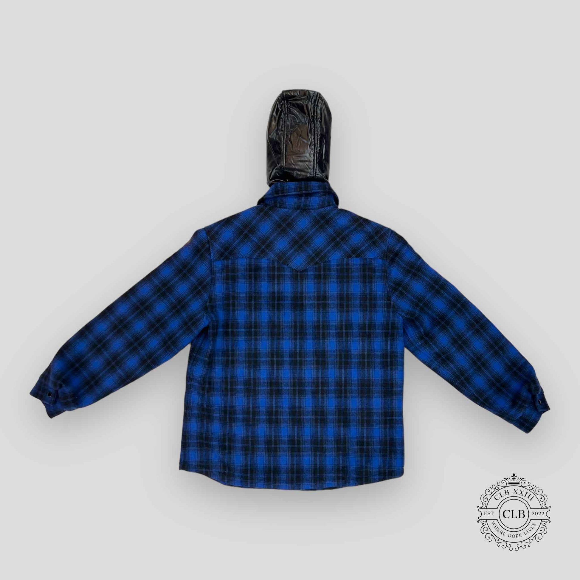 Celine Homme Logo Nylon Trim Flannel Hooded Overshirt in Blue