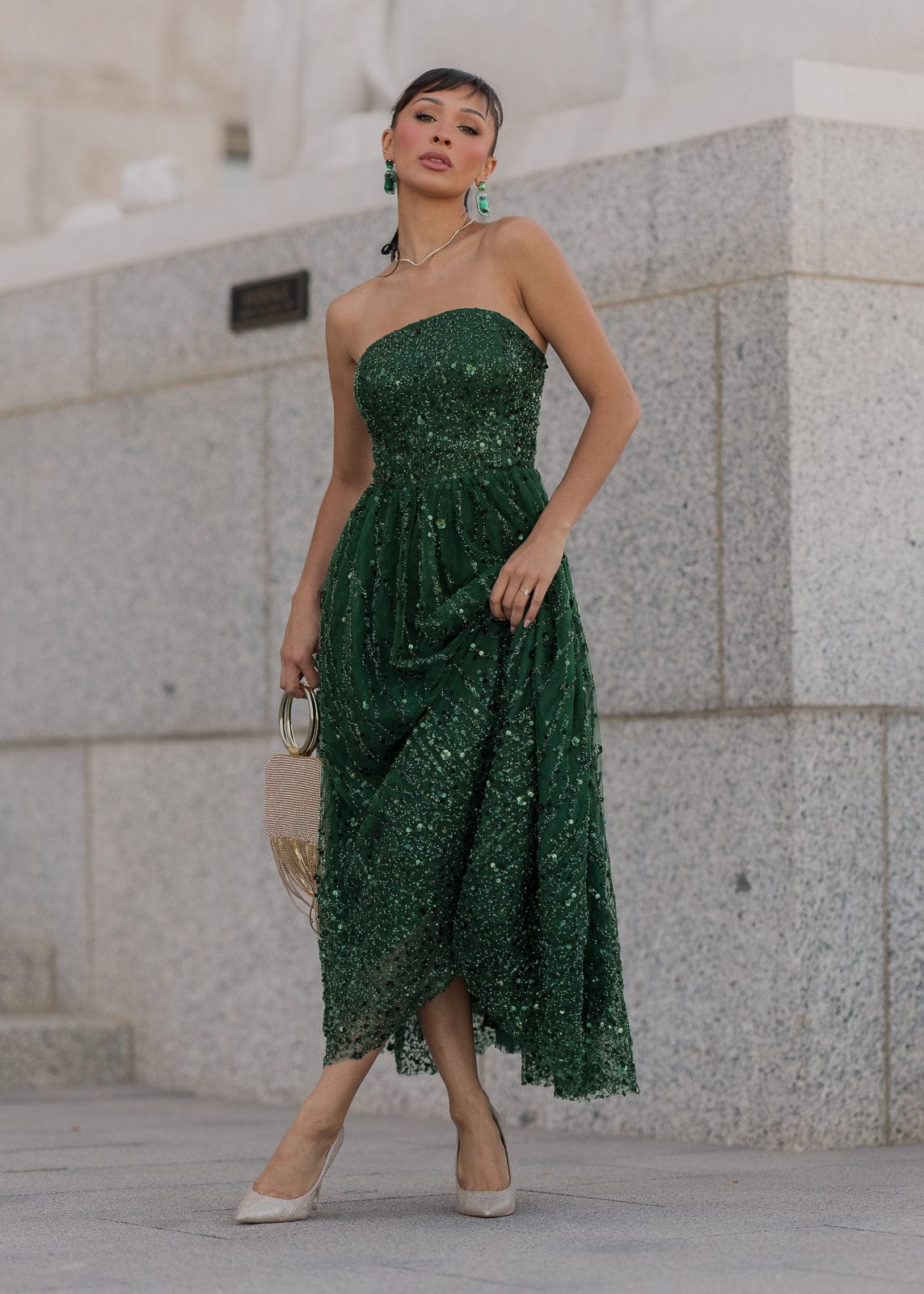 Elphie Strapless Sequin Corset Midi Dress - Green