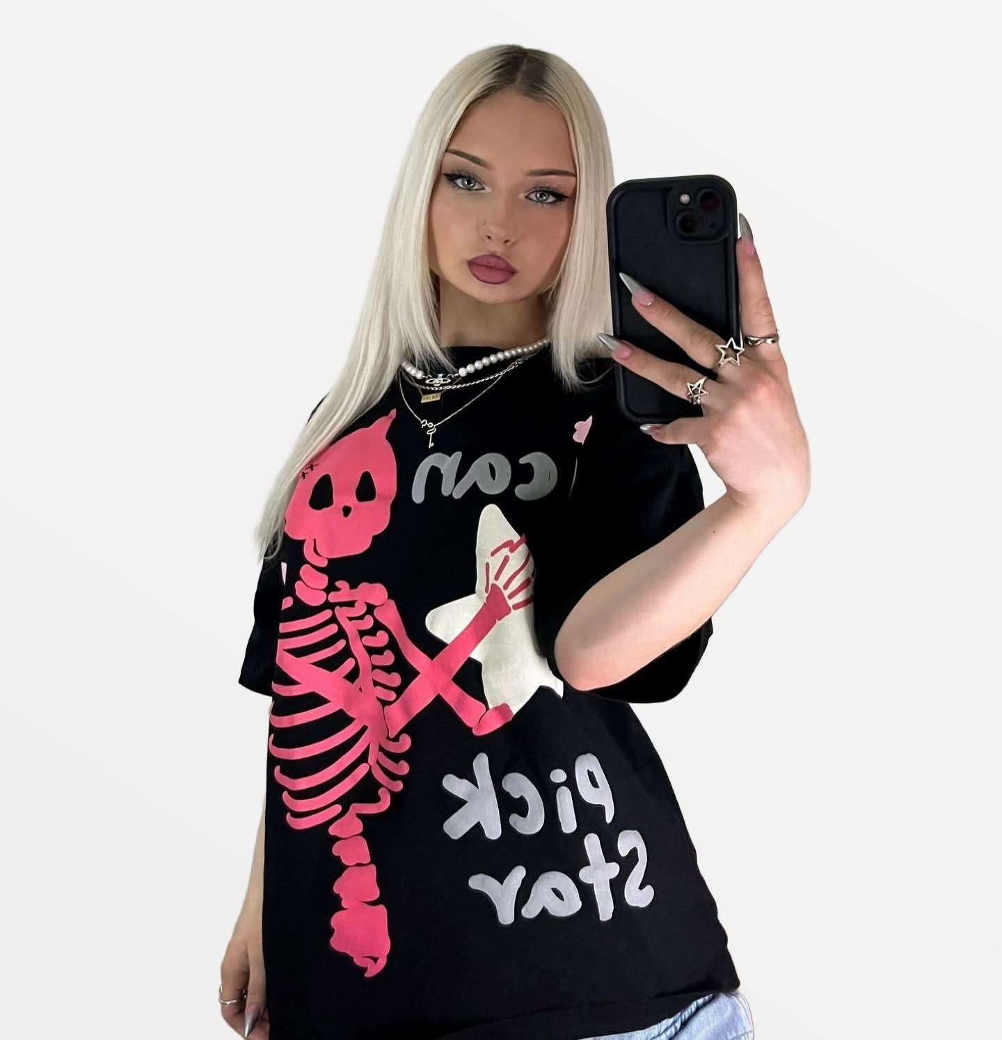 Close-up shot of the high-density skull and star print on heavyweight cotton