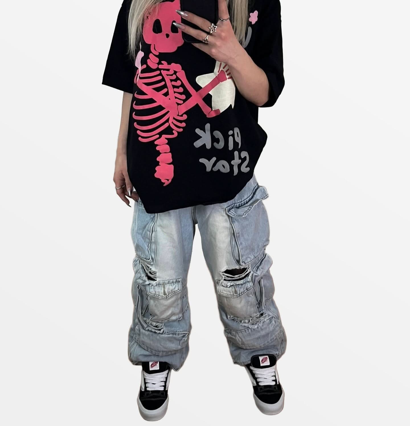 Close-up shot of the high-density skull and star print on heavyweight cotton