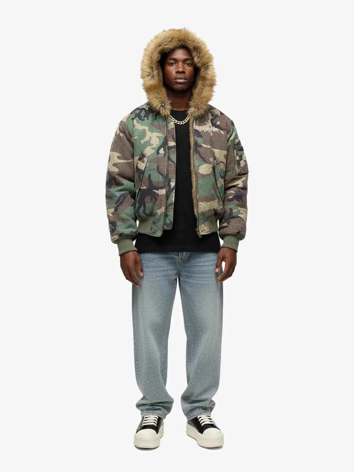 Camouflage Fur Collar Reversible Cotton Jacket - 2499