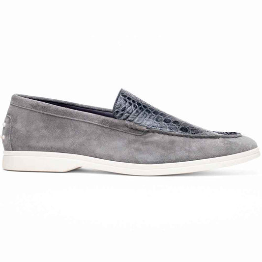 11-603-GRY BENE Sueded Italian Goatskin & Crocodile Loafer Grey