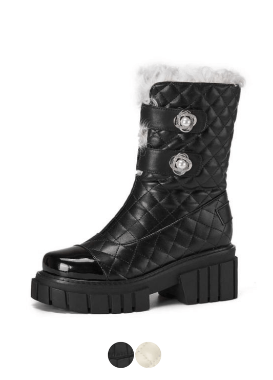 Kristen Women's Black High Heel Snow Boots with Pearl Mid-Calf Decoration - Luxuryurbanwear