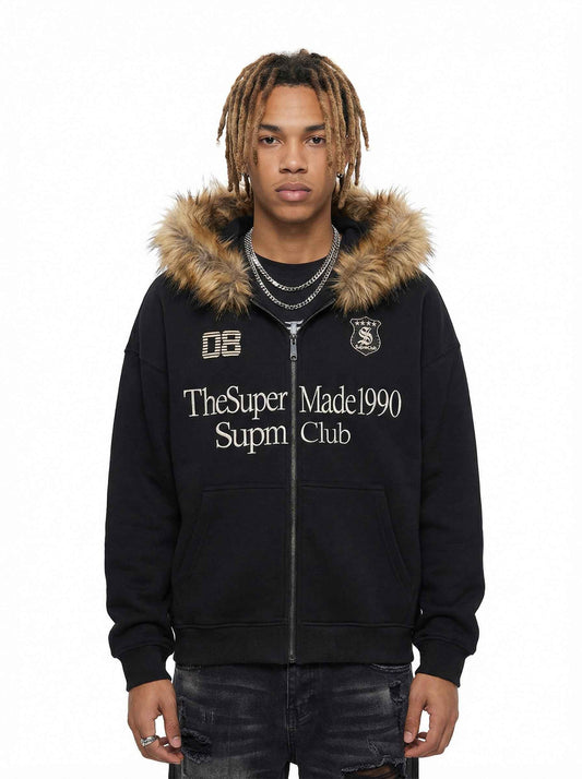 Letter Medal Embroidered Cardigan Fur Collar Zip Up Hoodie- 2502