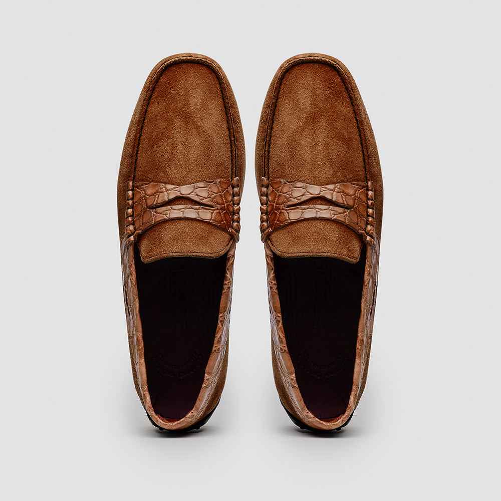 31-160-CGN MONZA Sueded Calfskin with Crocodile Driver, Cognac