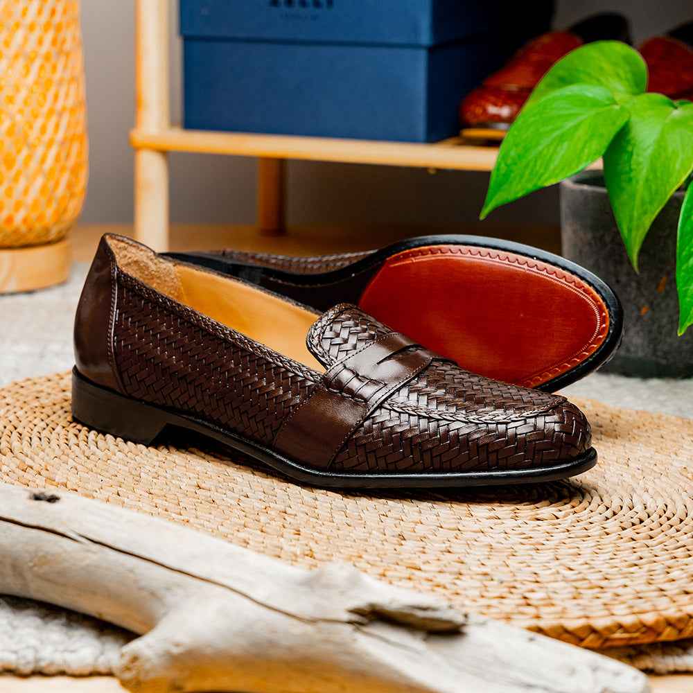 15-585-BRN NICOLA Italian Calfskin Basketweave, Dark  Brown