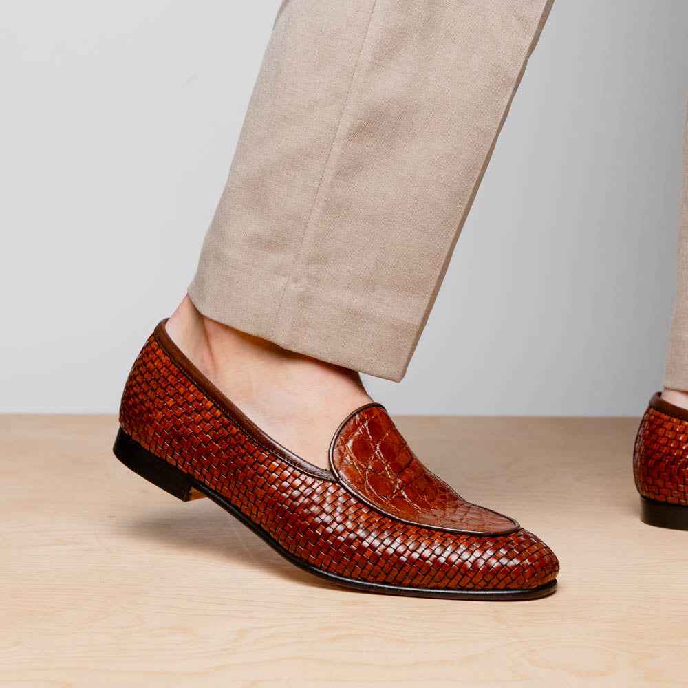 11-620-CGN PALIO Genuine Crocodile and Calfskin Basketweave Slip On, Cognac