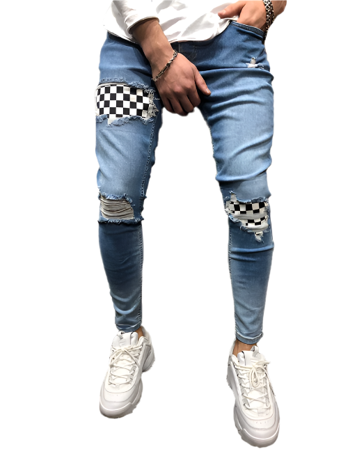 xChequered Distressed Skinny Jeans