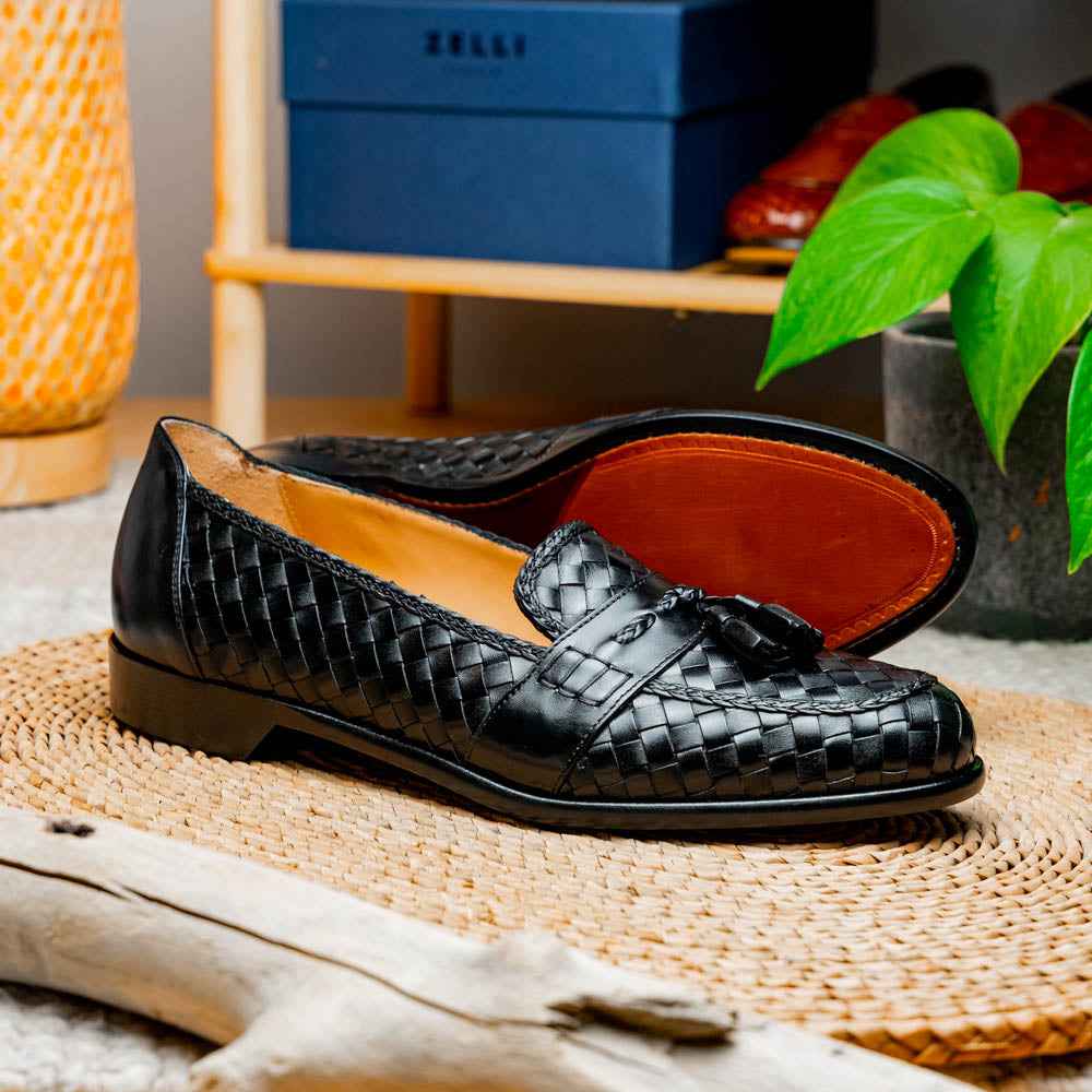 15-250-BLK RIVIERA Basketweave Calfskin Tassel Loafer, Black