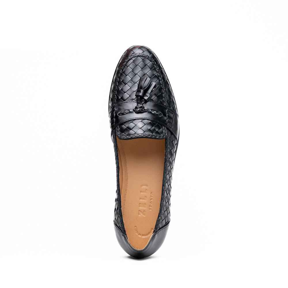 15-250-BLK RIVIERA Basketweave Calfskin Tassel Loafer, Black
