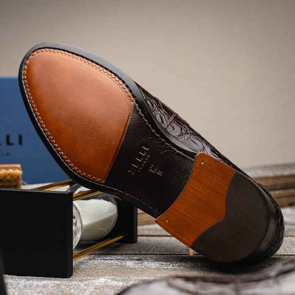 11-201-NIC ROMA Crocodile Penny Loafer, Nicotine