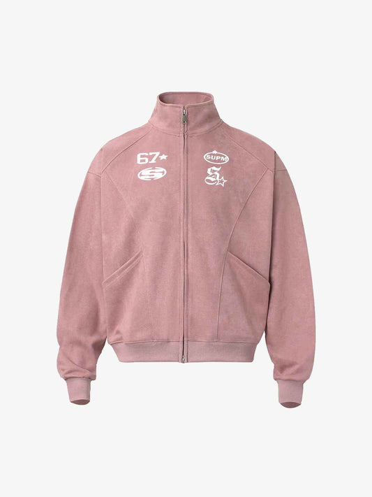 Suede Embroidered Zippered Short Jacket