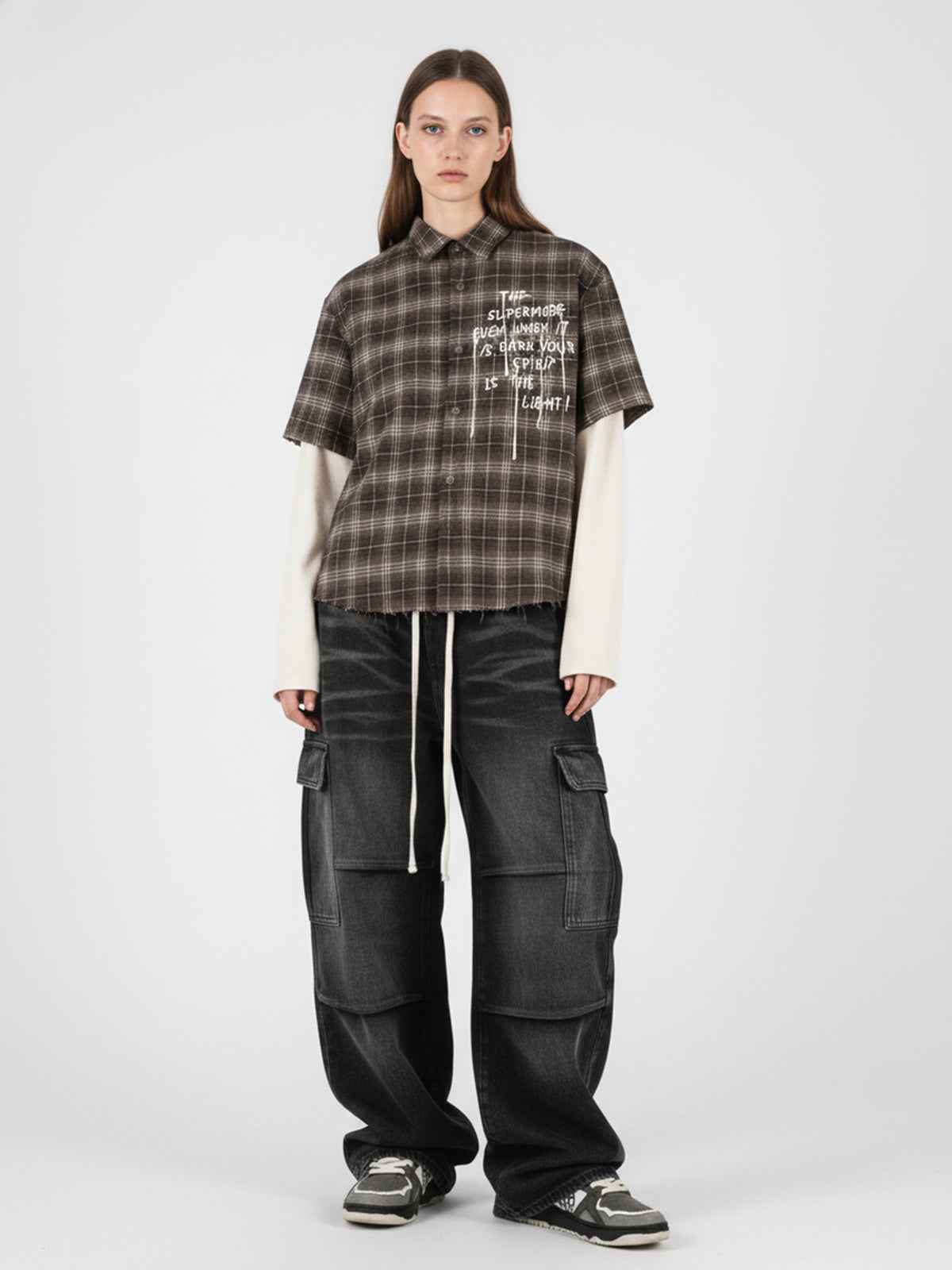 Cotton Street Distressed Plaid Faux Two-Piece Shirt