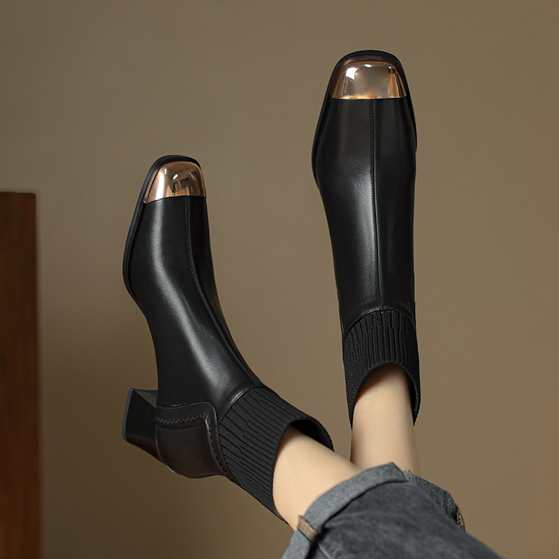 USS Shoes Bonilla Women's Leather Metal Square Heel Boots - Luxuryurbanwear