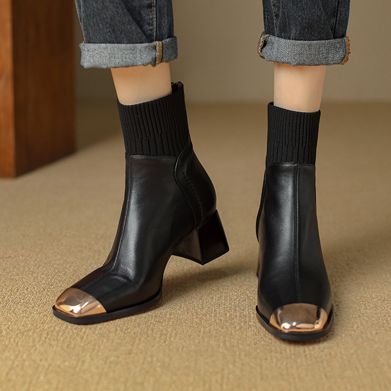 USS Shoes Bonilla Women's Leather Metal Square Heel Boots - Luxuryurbanwear