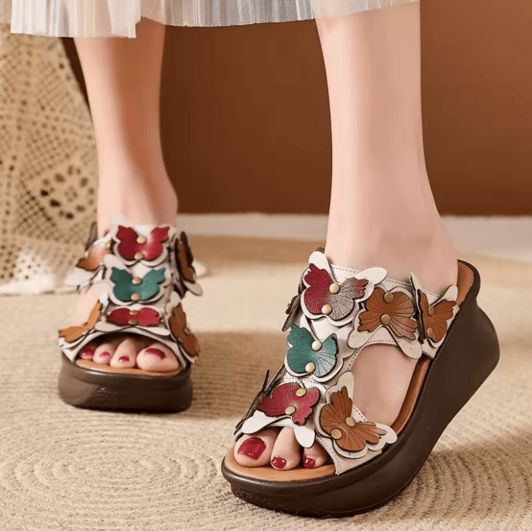 USS Shoes Claudia Women's Floral Leather Slides Wedges
