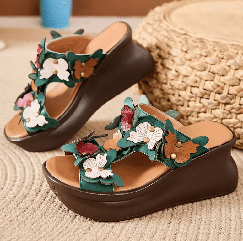 USS Shoes Claudia Women's Floral Leather Slides Wedges