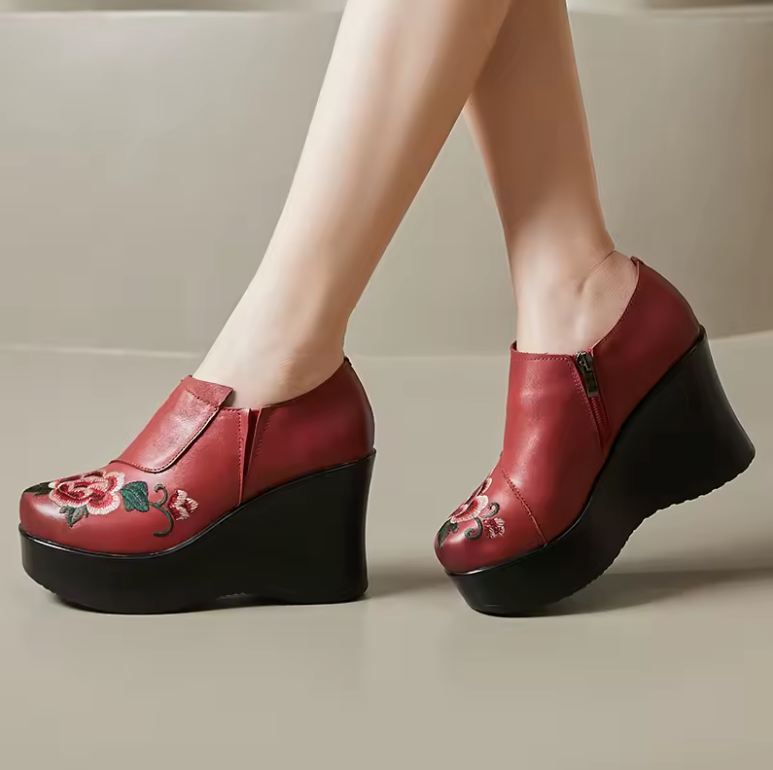USS Shoes Elia Women's Leather Embroidered Flower Wedges Platforms - Luxuryurbanwear
