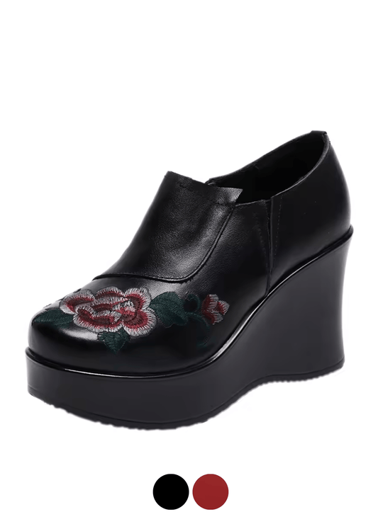 USS Shoes Elia Women's Leather Embroidered Flower Wedges Platforms