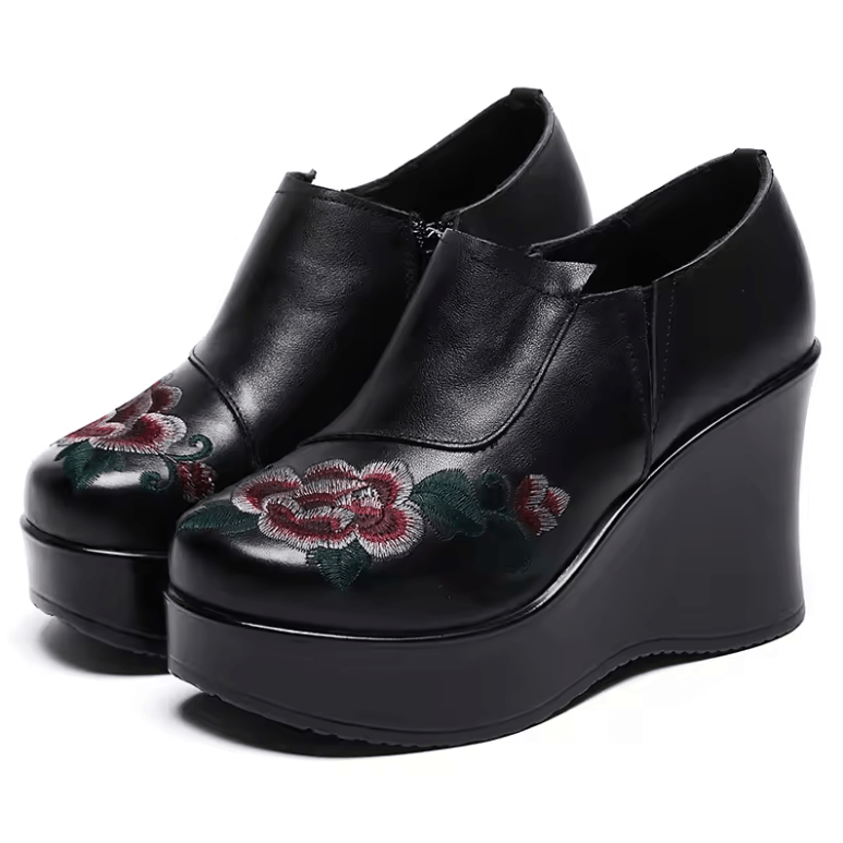 USS Shoes Elia Women's Leather Embroidered Flower Wedges Platforms
