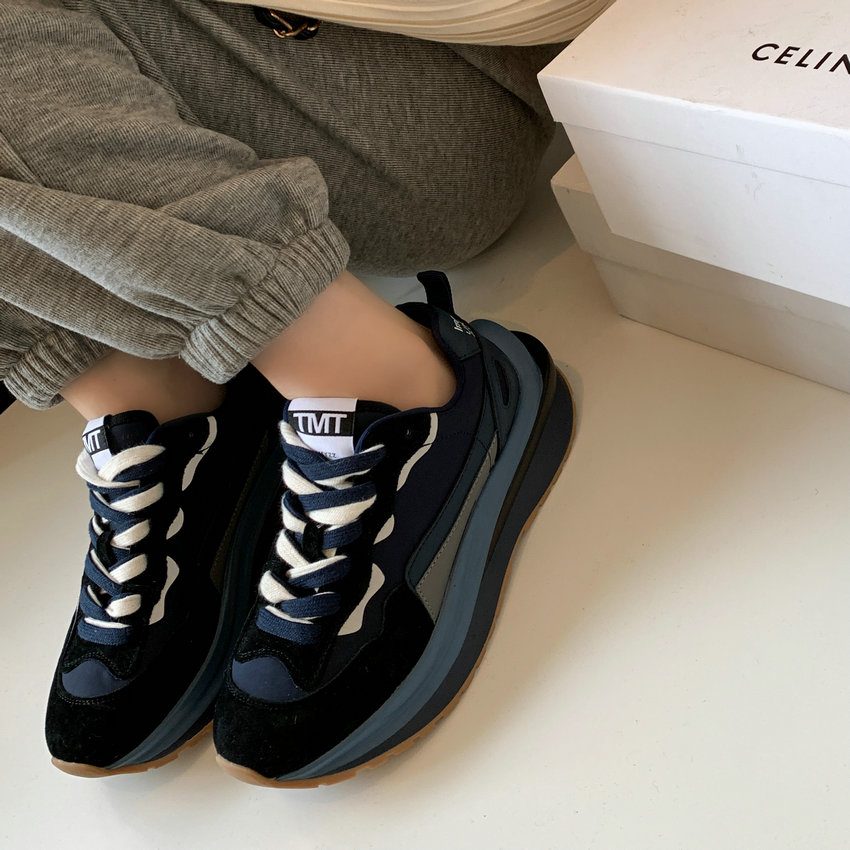 Luxuryurbanwear women's round toe lace-up sneakers in navy and black with thick sole