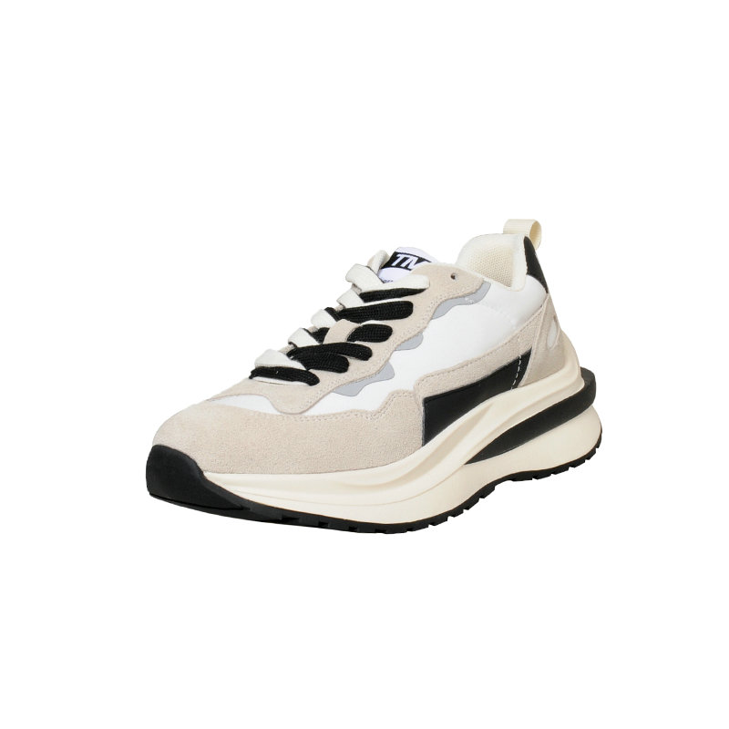 Beige women's round toe lace-up sneaker with black accents, premium urban streetwear style