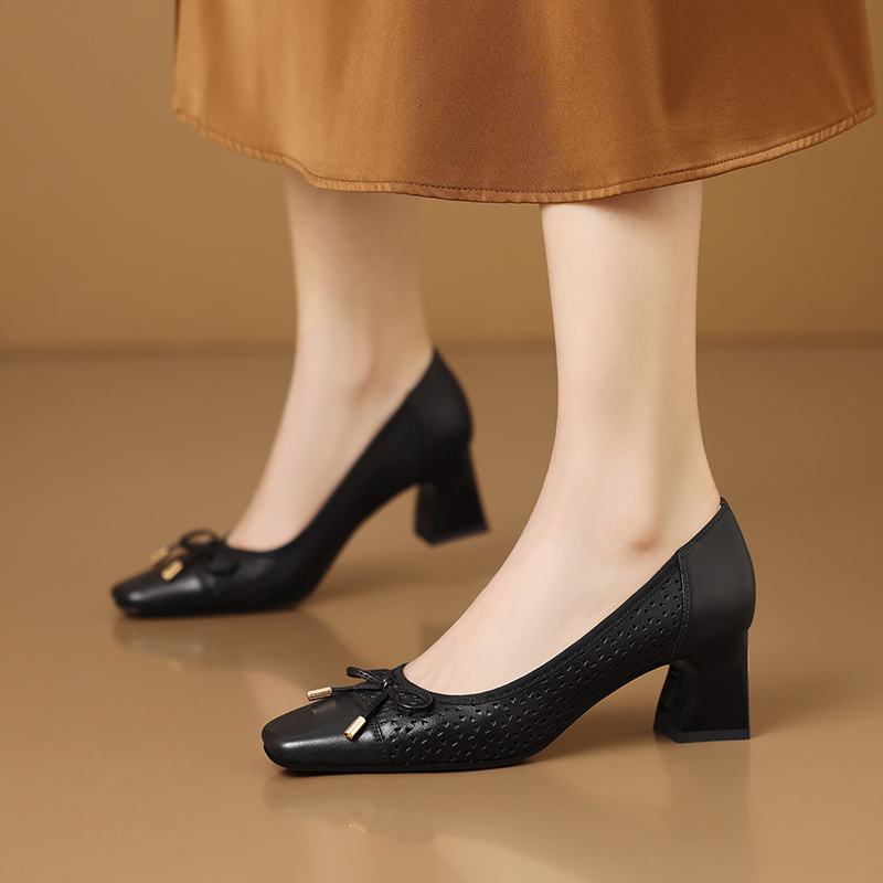 USS Shoes Melina Women's Butterfly Knot Square Toe Leather Pumps - Luxuryurbanwear